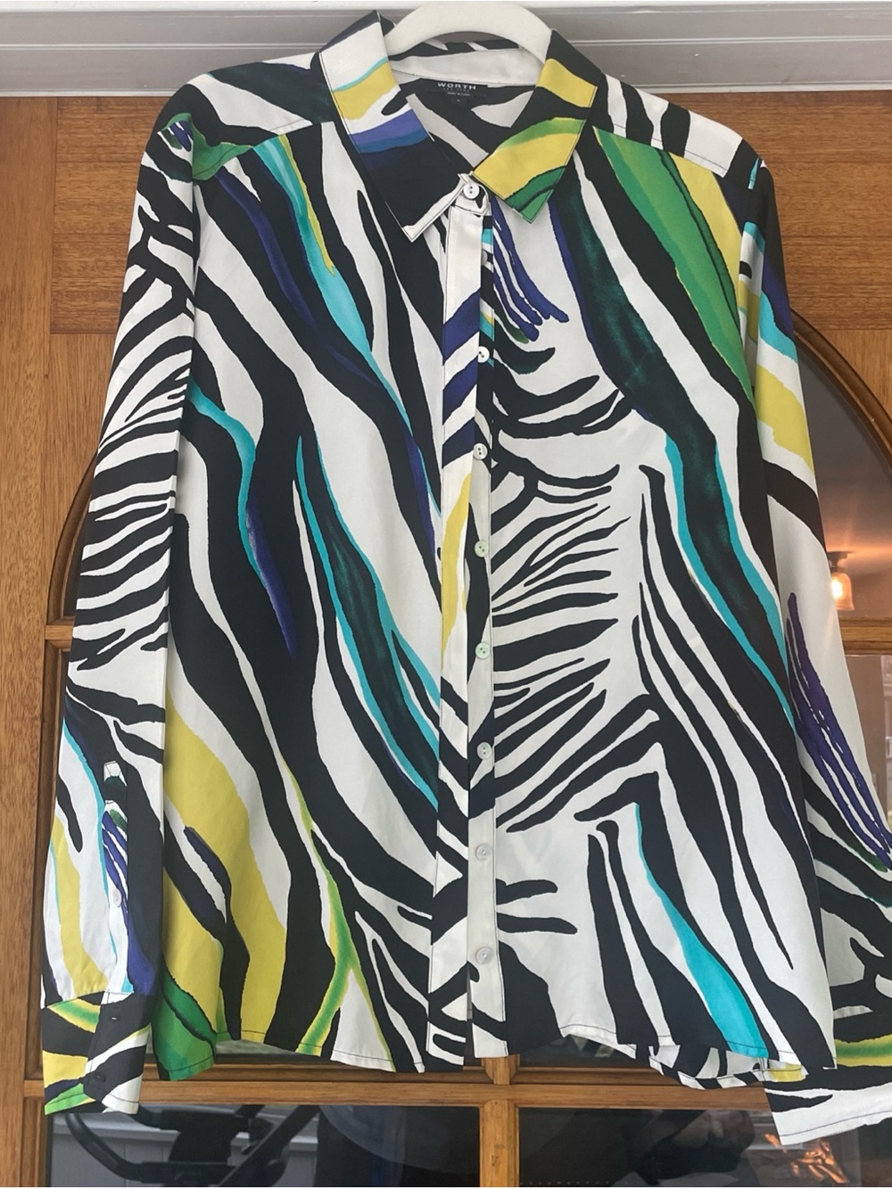 Worth New York Women’s Colorful Zebra Print Silk Blouse Size Large